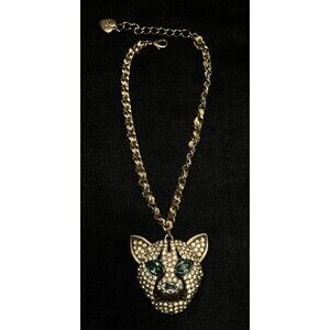 Betsey Johnson HUGE Leopard Panther Cat Head Bronze Crystal Necklace